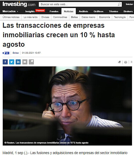 Las transacciones de empresas inmobiliarias crecen un 10 % hasta agosto